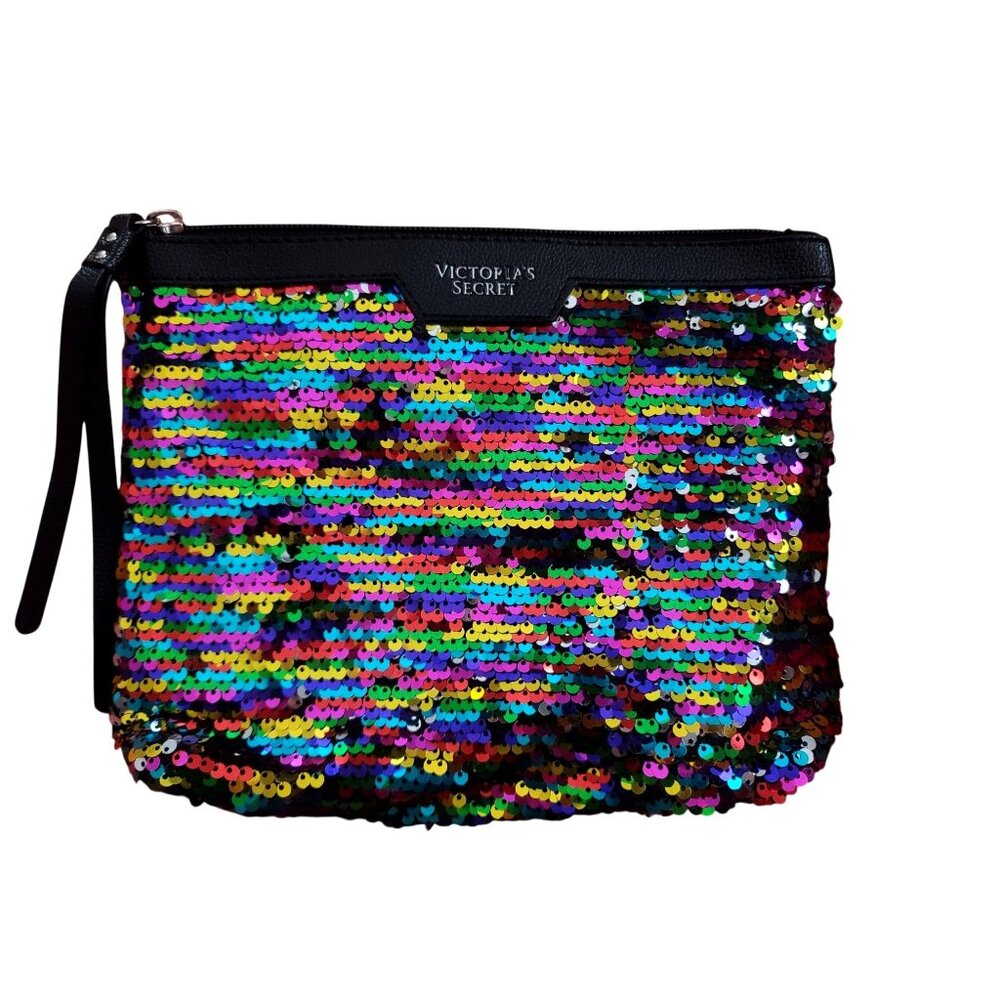 Victorias Secret Multicolor Sequin Clutch, Black Faux Leather, Fashion, Club